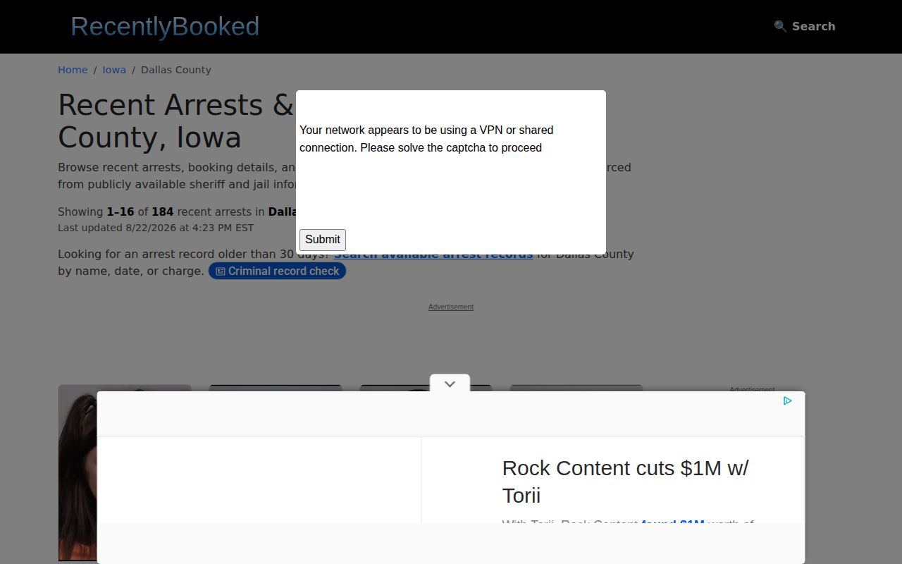 Dallas County Iowa unofficial recent booking records page